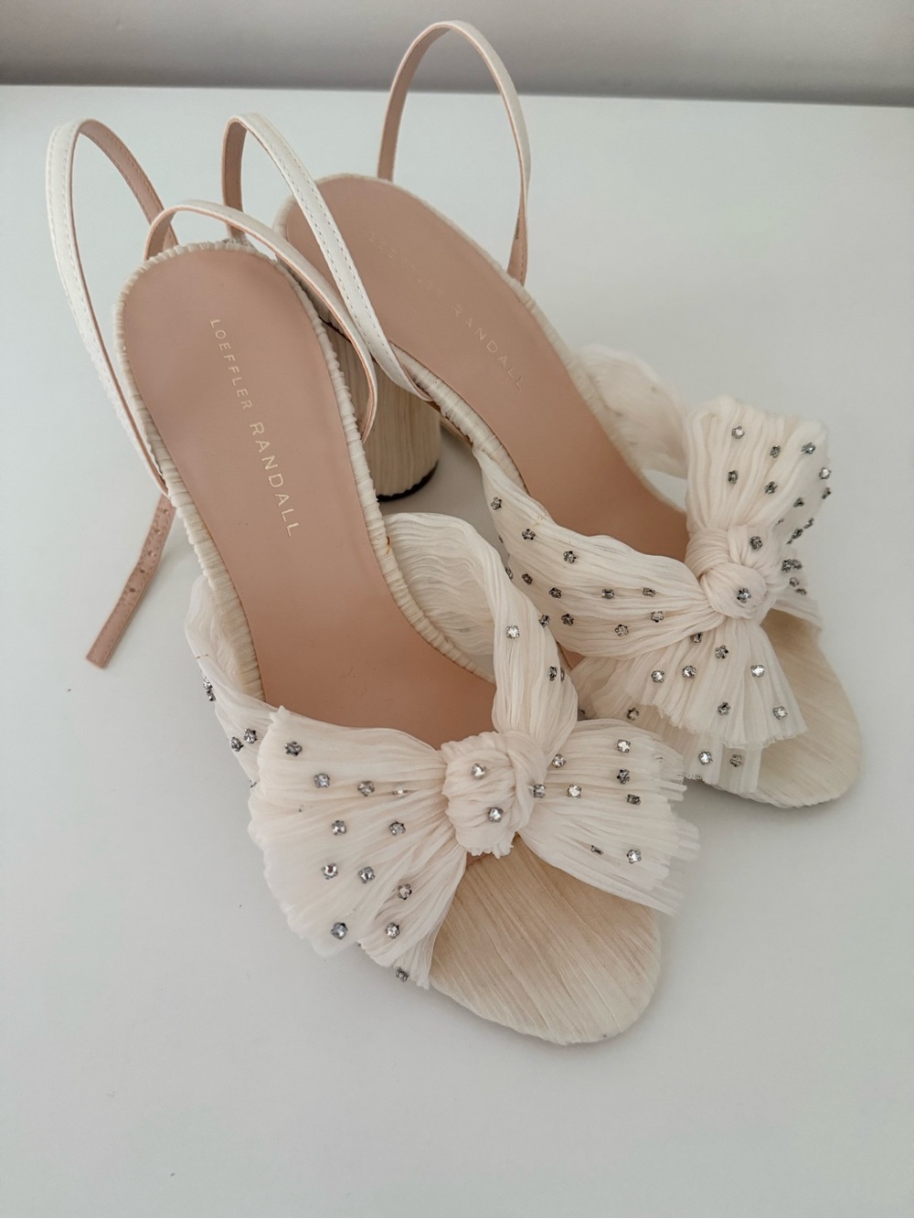 Loeffler Randall Camellia White Bow Rhinestone Block Heel